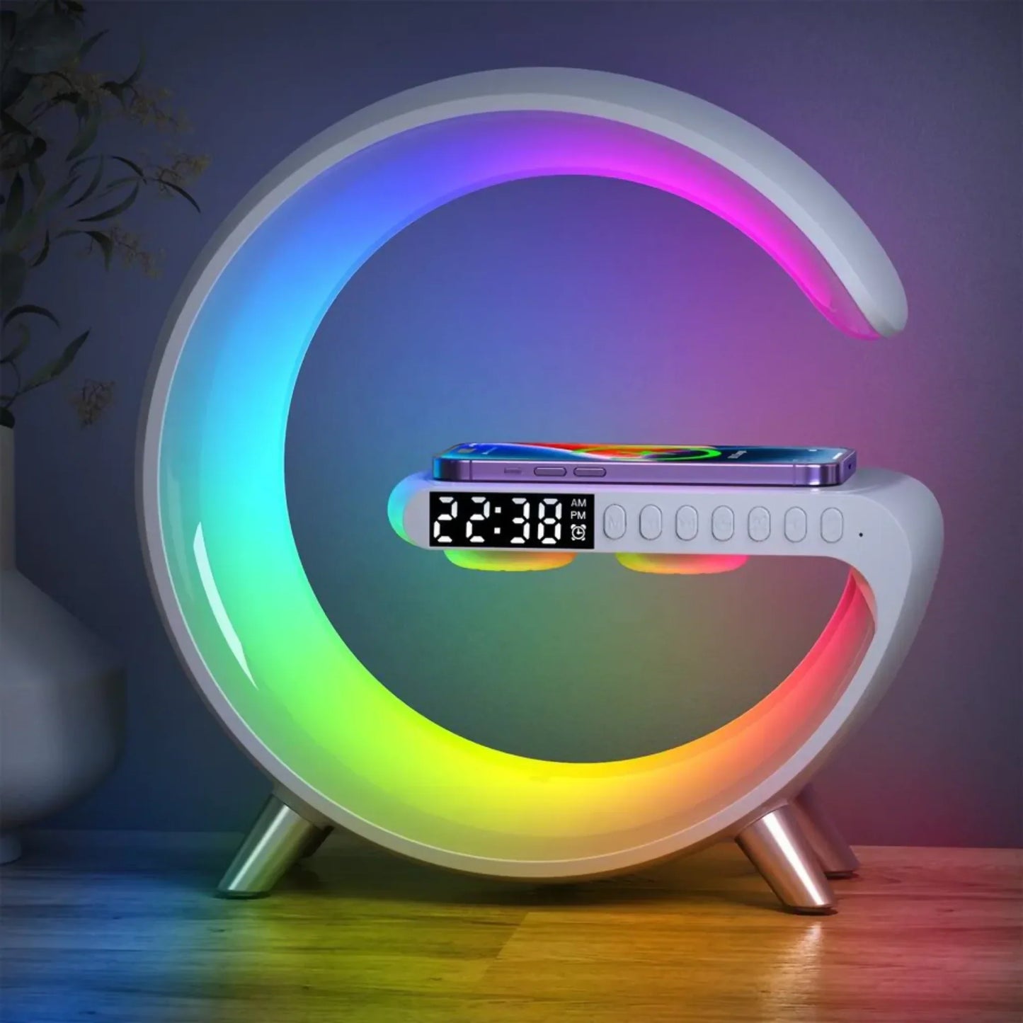 Ultimate Smart Wake: GPED 4-in-1 Clock, Lamp, Speaker & Wireless Charger جهاز التنبيه الذكي المتطور: ساعة ومصباح ومكبر صوت وشاحن لاسلكي GPED 4 في 1