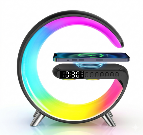 Ultimate Smart Wake: GPED 4-in-1 Clock, Lamp, Speaker & Wireless Charger  جهاز التنبيه الذكي المتطور: ساعة ومصباح ومكبر صوت وشاحن لاسلكي GPED 4 في 1